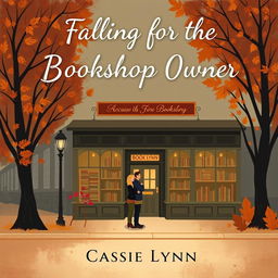 A cozy digital art book cover depicting the facade of a charming small-town bookshop in autumn