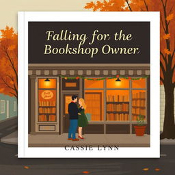 A cozy digital art book cover depicting the facade of a charming small-town bookshop in autumn