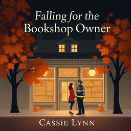 A cozy digital art book cover depicting the facade of a charming small-town bookshop in autumn