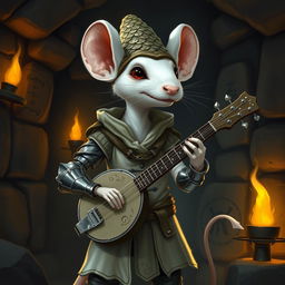 A slim, cool-looking humanoid white mouse, wearing light leather armor and a dragon scale hunter's hat