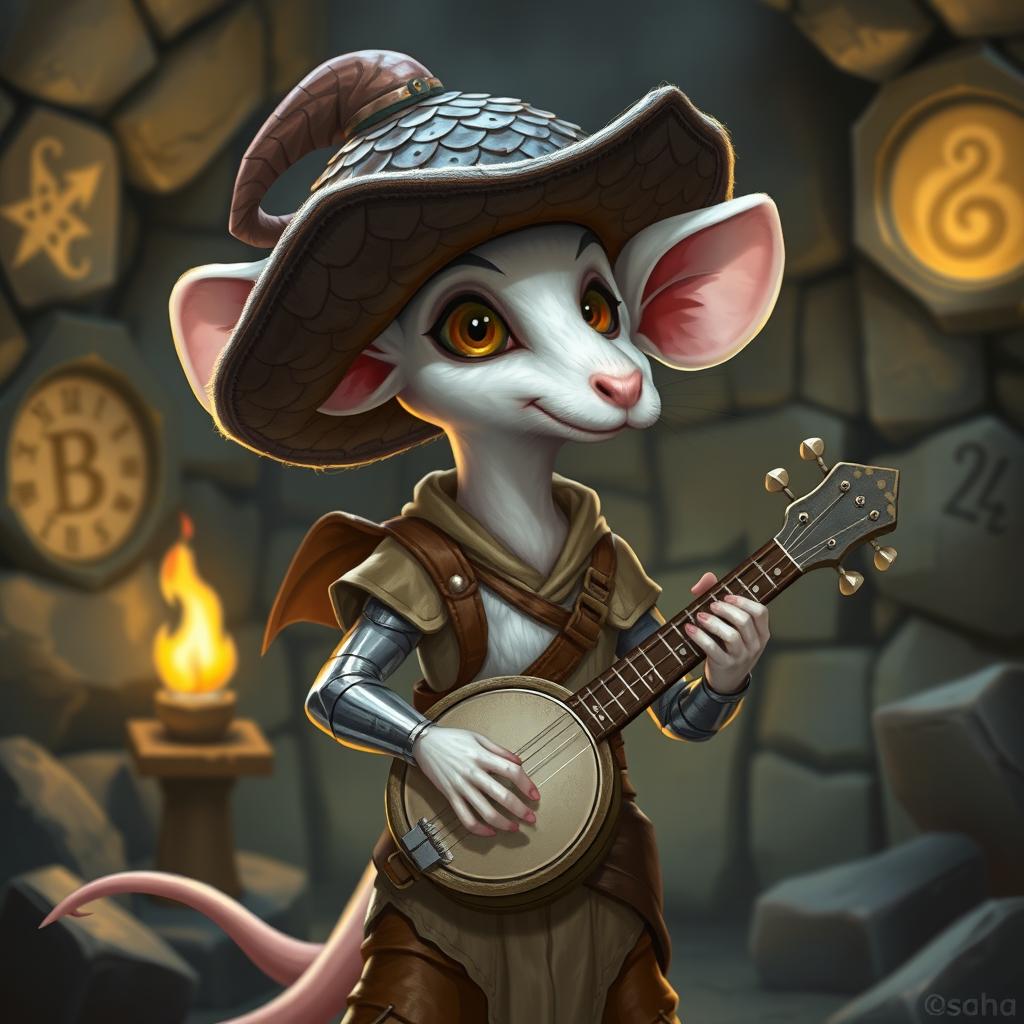 A slim, cool-looking humanoid white mouse, wearing light leather armor and a dragon scale hunter's hat