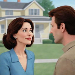 An animated cartoon image depicting a stunning woman, sorrowfully looking at a picture of a man she loves, with her unsuspecting husband sharing the house in the background.