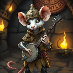 A slim, cool-looking humanoid white mouse, wearing light leather armor and a dragon scale hunter's hat