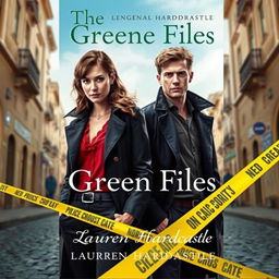 A captivating young adult book cover for 'The Greene Files' by Lauren Hardcastle, showcasing two vibrant young detectives in a Maltese city