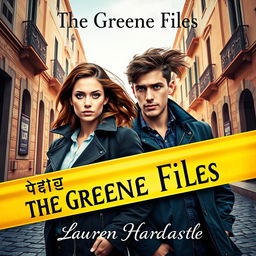 A captivating young adult book cover for 'The Greene Files' by Lauren Hardcastle, showcasing two vibrant young detectives in a Maltese city