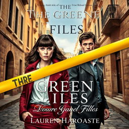 A captivating young adult book cover for 'The Greene Files' by Lauren Hardcastle, showcasing two vibrant young detectives in a Maltese city