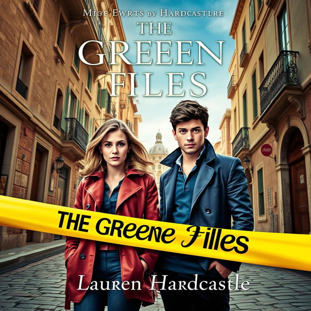 A captivating young adult book cover for 'The Greene Files' by Lauren Hardcastle, showcasing two vibrant young detectives in a Maltese city