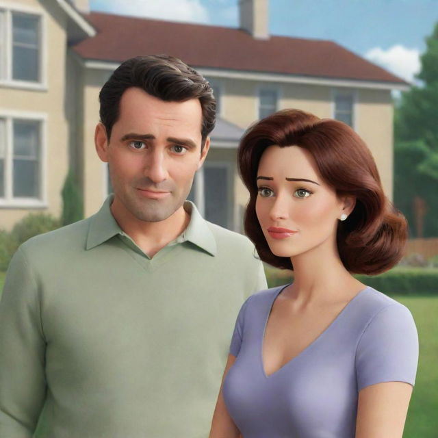 An animated cartoon image depicting a stunning woman, sorrowfully looking at a picture of a man she loves, with her unsuspecting husband sharing the house in the background.
