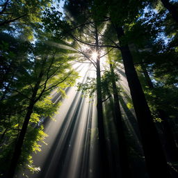 A mesmerizing scene of rays of light beautifully filtering through a lush, dense forest canopy