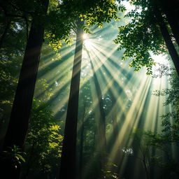 A mesmerizing scene of rays of light beautifully filtering through a lush, dense forest canopy