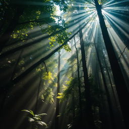 A mesmerizing scene of rays of light beautifully filtering through a lush, dense forest canopy