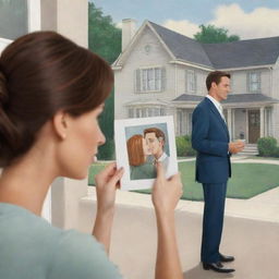 An animated cartoon image depicting a stunning woman, sorrowfully looking at a picture of a man she loves, with her unsuspecting husband sharing the house in the background.