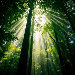 A mesmerizing scene of rays of light beautifully filtering through a lush, dense forest canopy