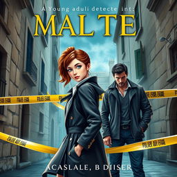 A captivating book cover featuring a young female detective and a male detective standing in an intriguing Maltese city setting