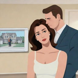 An animated cartoon image depicting a stunning woman, sorrowfully looking at a picture of a man she loves, with her unsuspecting husband sharing the house in the background.