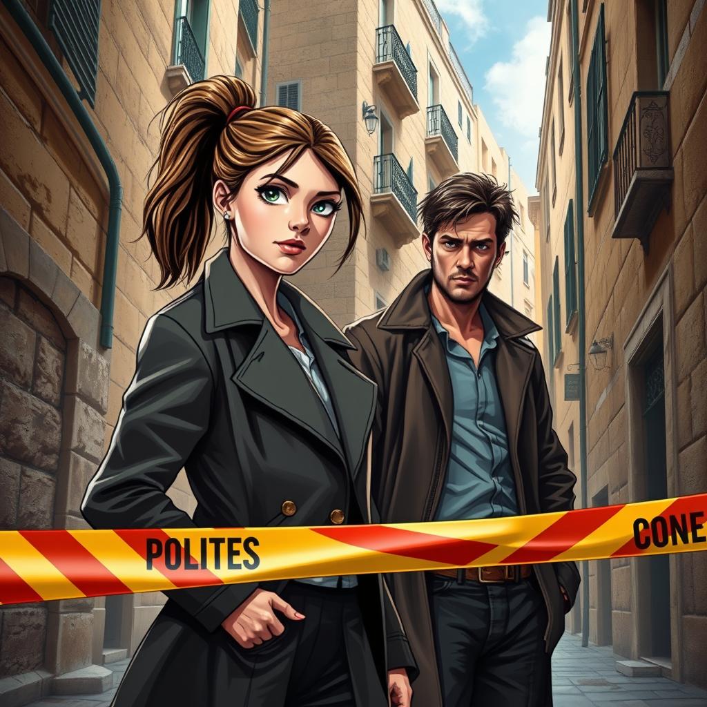 A captivating book cover featuring a young female detective and a male detective standing in an intriguing Maltese city setting