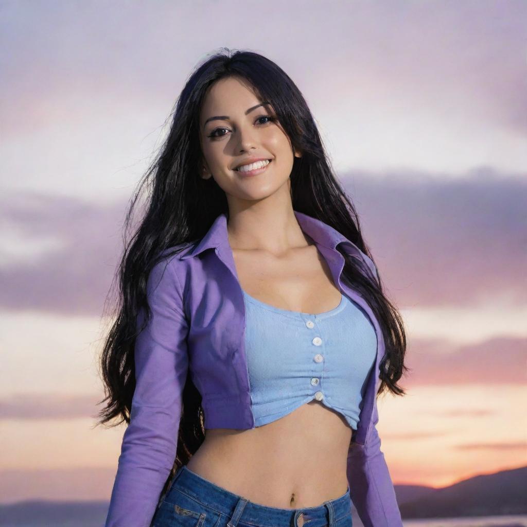 An image of Nico Robin, a character from the anime One Piece, standing confidently with striking long, black hair, casual outfit, and a bright smile. She is outdoors, with a beautiful sunset in the background.