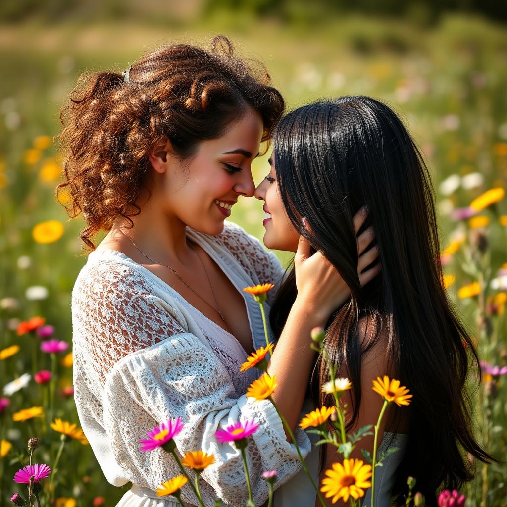 A romantic and tender moment between two women, warmly embracing while sharing a loving gaze in a sunlit meadow