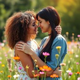 A romantic and tender moment between two women, warmly embracing while sharing a loving gaze in a sunlit meadow