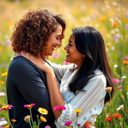 A romantic and tender moment between two women, warmly embracing while sharing a loving gaze in a sunlit meadow