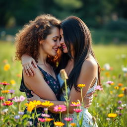 A romantic and tender moment between two women, warmly embracing while sharing a loving gaze in a sunlit meadow