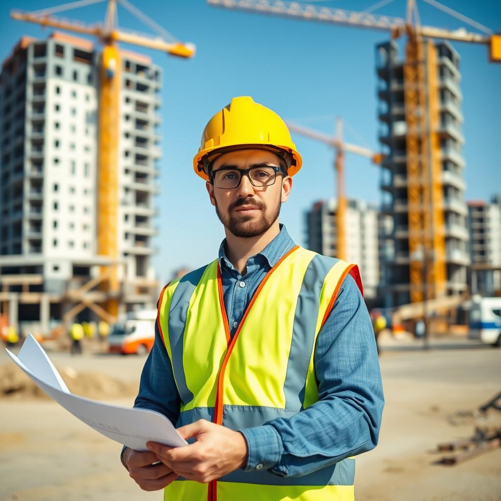 A civil engineer wearing a construction helmet and a reflective safety vest, standing on a construction site with blueprints in hand