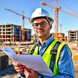 A civil engineer wearing a construction helmet and a reflective safety vest, standing on a construction site with blueprints in hand