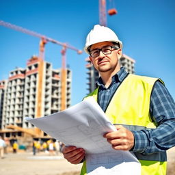 A civil engineer wearing a construction helmet and a reflective safety vest, standing on a construction site with blueprints in hand