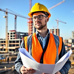 A civil engineer wearing a construction helmet and a reflective safety vest, standing on a construction site with blueprints in hand