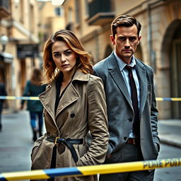 A female detective and a male detective in a lively Maltese city, standing close to police tape