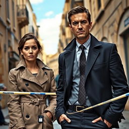 A female detective and a male detective in a lively Maltese city, standing close to police tape