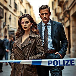 A female detective and a male detective in a lively Maltese city, standing close to police tape