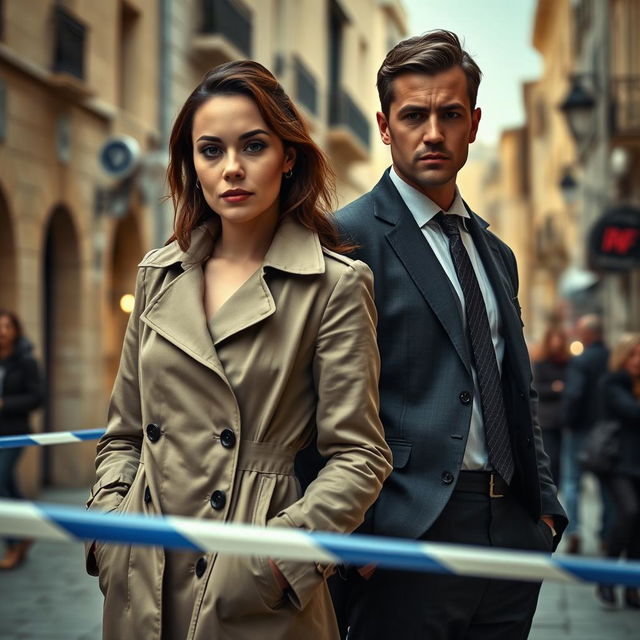 A female detective and a male detective in a lively Maltese city, standing close to police tape