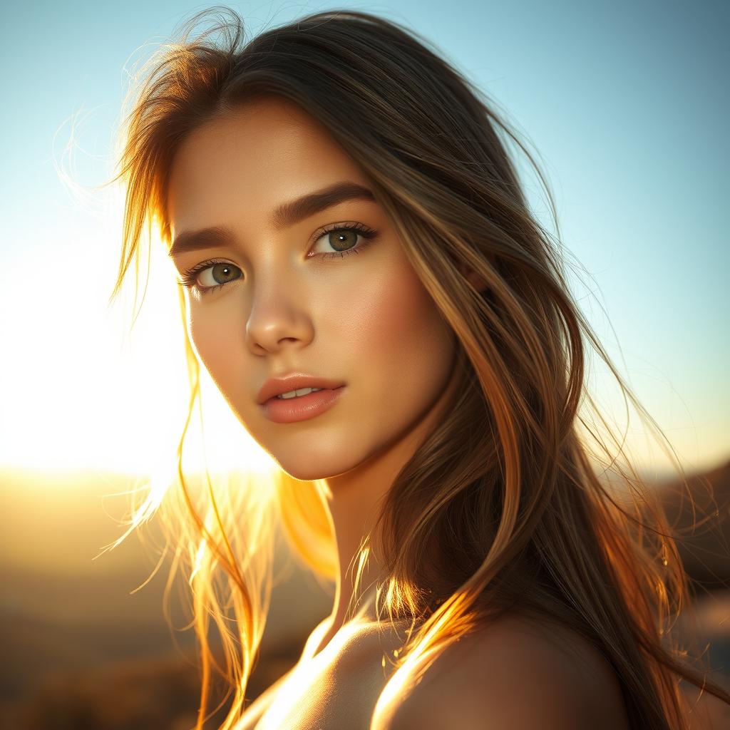 A serene portrait of a beautiful young woman with flowing hair and bright, captivating eyes