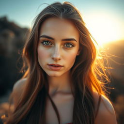 A serene portrait of a beautiful young woman with flowing hair and bright, captivating eyes