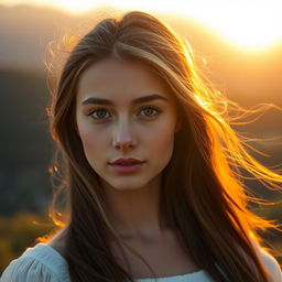 A serene portrait of a beautiful young woman with flowing hair and bright, captivating eyes