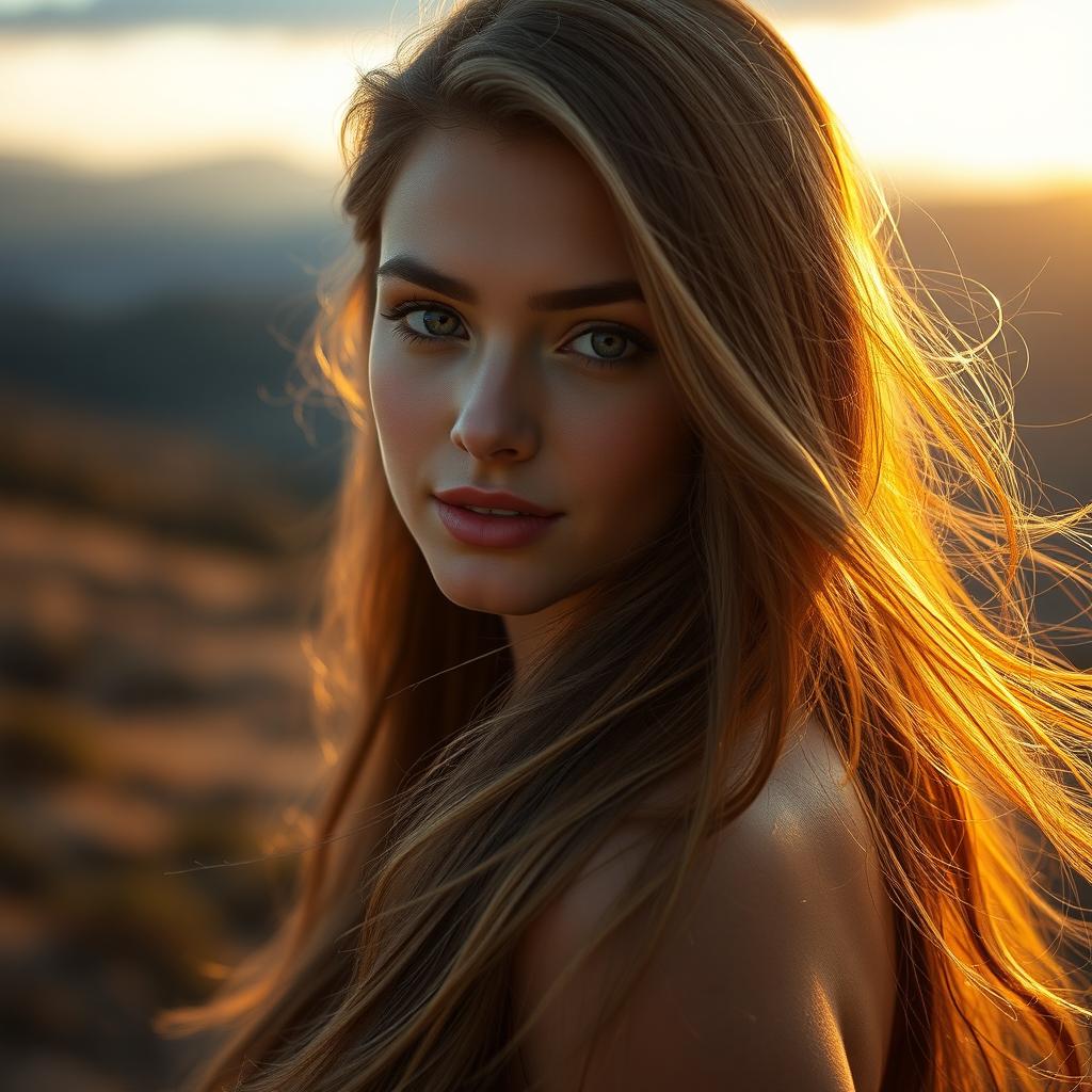 A serene portrait of a beautiful young woman with flowing hair and bright, captivating eyes