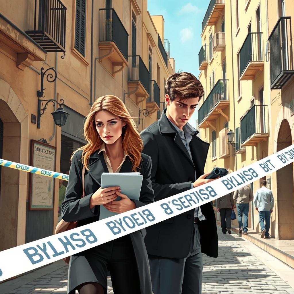 A captivating young adult book cover featuring a young female and male detective duo in a bustling Maltese city