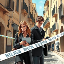 A captivating young adult book cover featuring a young female and male detective duo in a bustling Maltese city