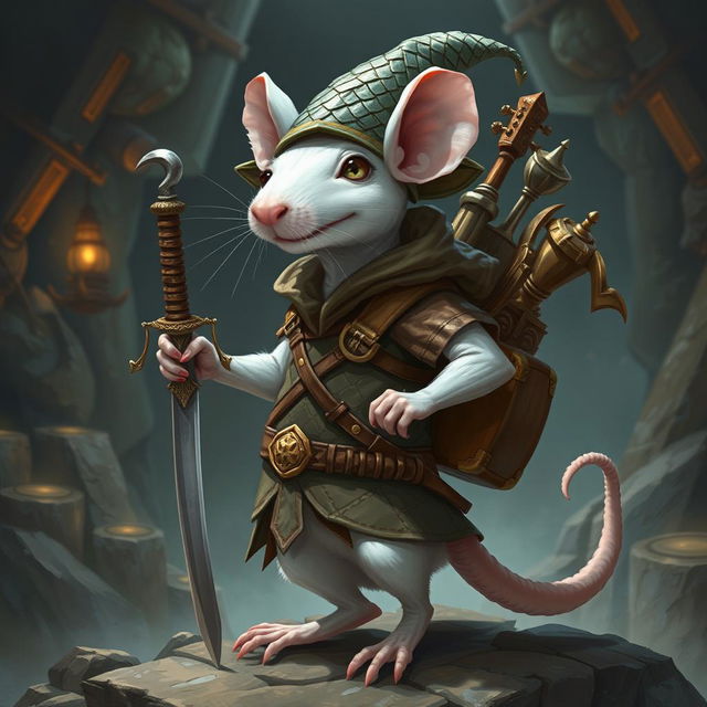 A cool, slender humanoid white rat wearing light leather armor and a dragon scale hunter's hat