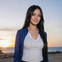 An image of Nico Robin, a character from the anime One Piece, standing confidently with striking long, black hair, casual outfit, and a bright smile. She is outdoors, with a beautiful sunset in the background.