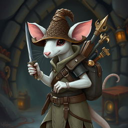 A cool, slender humanoid white rat wearing light leather armor and a dragon scale hunter's hat