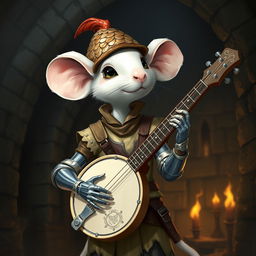 A thin, cool humanoid white mouse, with white fur, wearing light leather armor, and a dragon scale hunter's hat