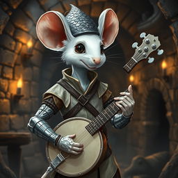 A thin, cool humanoid white mouse, with white fur, wearing light leather armor, and a dragon scale hunter's hat