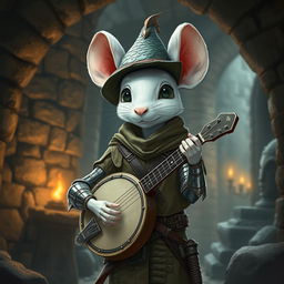 A thin, cool humanoid white mouse, with white fur, wearing light leather armor, and a dragon scale hunter's hat