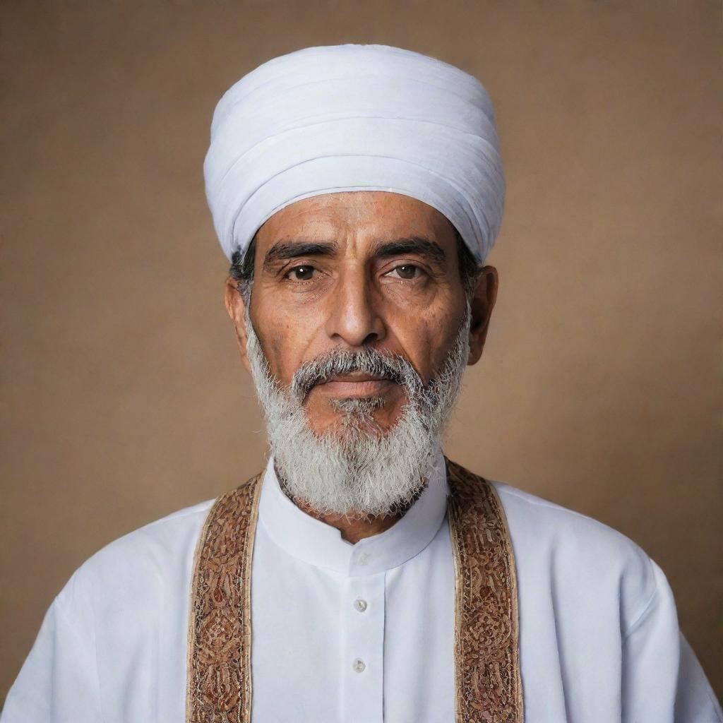 A respectful portrait of a man named Haj Taghi Shariyat, featuring traditional attire.