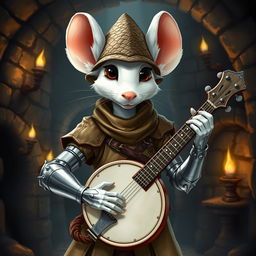 A thin, cool humanoid white mouse, with white fur, wearing light leather armor, and a dragon scale hunter's hat