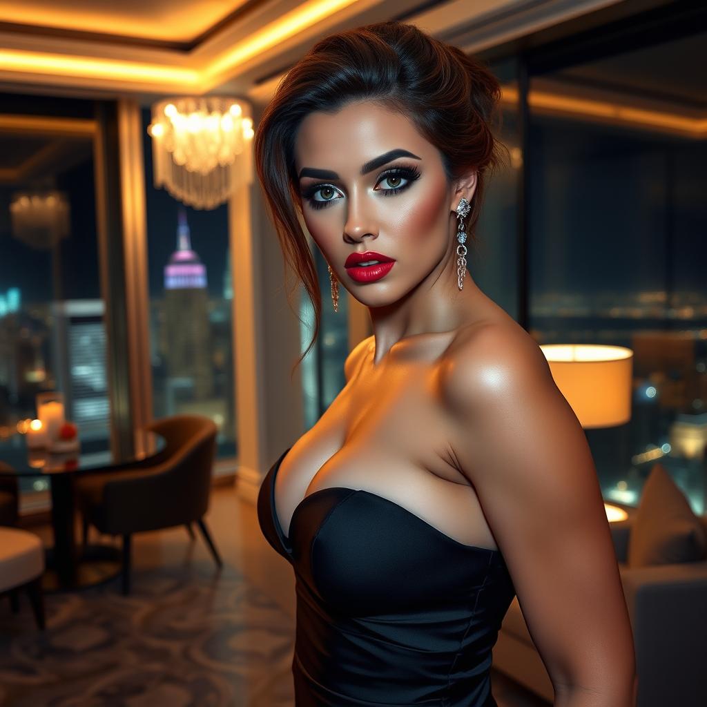 A hot and sexy girl with glamorous makeup, captivating eyes, and a sultry pose, wearing a form-fitting evening gown