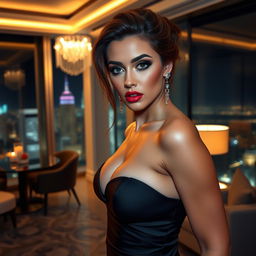 A hot and sexy girl with glamorous makeup, captivating eyes, and a sultry pose, wearing a form-fitting evening gown