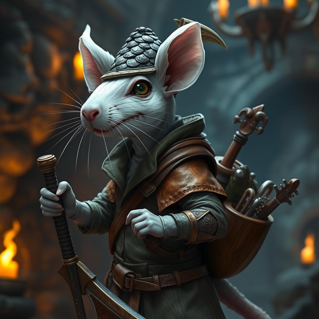 A cool, slender humanoid white rat wearing lightweight leather armor, a dragon scale hunter's hat, embodying the roles of both a bard and a demon hunter